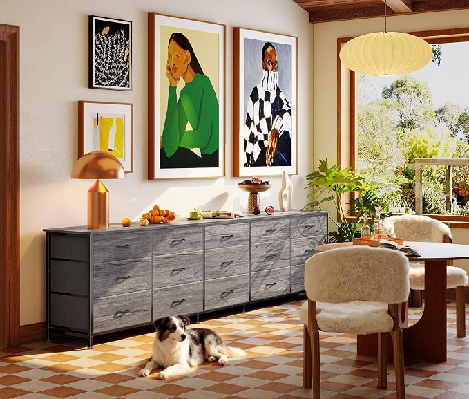 Huuger 86.6 Inch Long Dresser for Bedroom, TV Stand for 65, 75, 85 Inch TV | 15 Large Fabric Drawer Dresser, Entertainment Center for Bedroom, Wide Chest of Drawer with Storage
