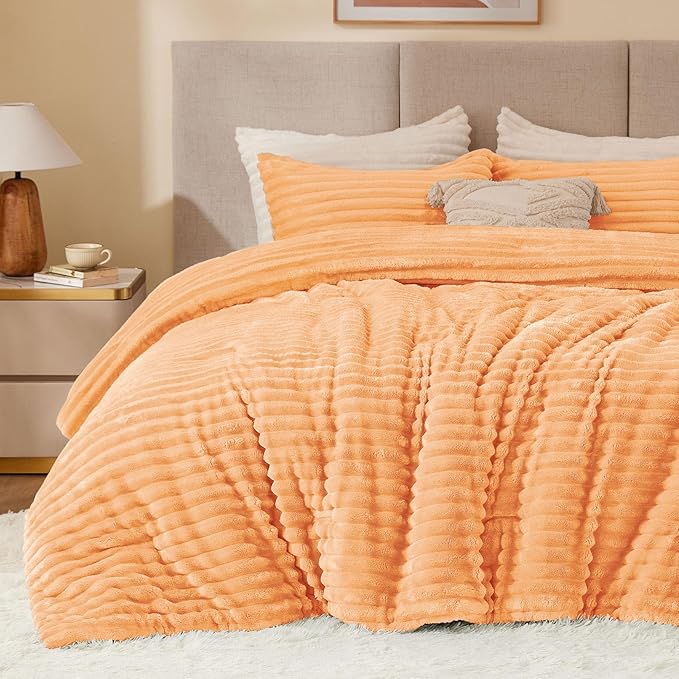 BEDELITE Fleece Queen Comforter Set, Fluffy Bed Set, Coral | Super Soft & Warm Bedding, Luxury Fuzzy Faux Fur Comforter for Winter, Heavy Plush Bedding, with 2 Pillowcases