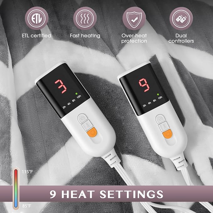 VENTIMI Heated Blanket Queen, 9 Heat Levels & 2-10 Hours Auto Off, Grey | ETL & FCC, Dual Controller, 84" × 90", Flannel and Sherpa, Bed Couch Use, Machine Washable, Removable Controller
