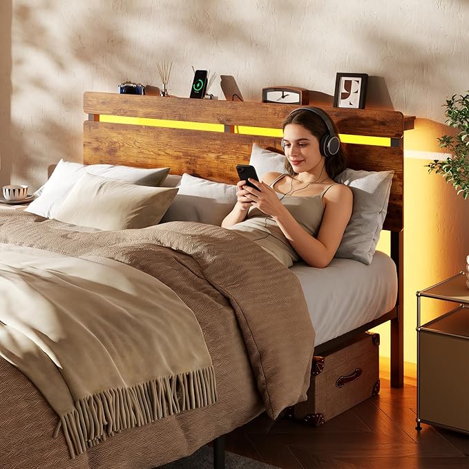Forestell Queen Bed Frame with Wood Headboard,2 Storage Drawers & Shelf | Built-in Charging Station & LED Lights, Metal Support, No Box Spring Needed, noise-free, easy assembly, Smart RGB, USB+Type-C