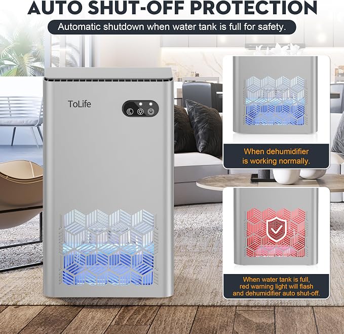 ToLife Dehumidifier, 1000 Sq Ft 95 oz Tank with Sleep Mode, Auto Shutoff | Portable for Home, Bedroom, Bathroom and Basement with 7-Color LED Light, Silver
