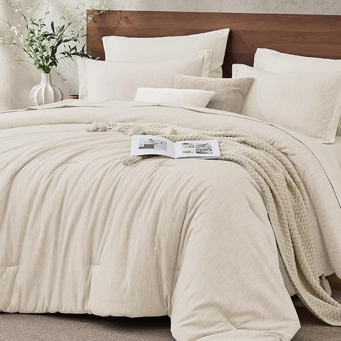 JOLLYVOGUE Beige Full Comforter Set, Cationic Dyeing Bed in a Bag Full 7 Pieces, Double-Tone Bedding Set with Down Alternative Comforter, Sheets, Pillowcases & Shams
