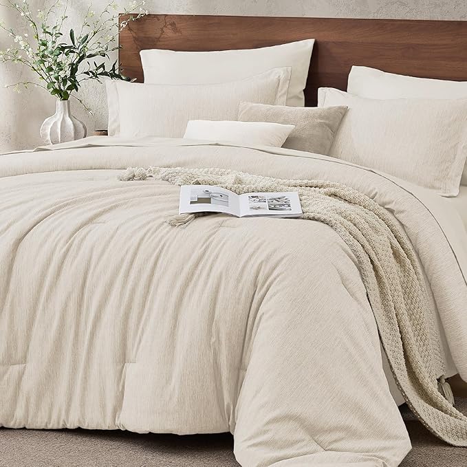 JOLLYVOGUE Beige King Comforter Set, Cationic Dyeing Bed in a Bag King 7 Pieces, Double-Tone Bedding Set with Down Alternative Comforter, Sheets, Pillowcases & Shams
