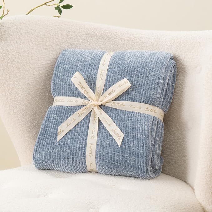 BATTILO HOME Blue Grey Chenille Throw Blanket for Couch, 51"x67" | Shiny Chenille Blanket, Blue Knit throw Blanket, Soft & Breathable, Summer Throw for Couch, Bed & Sofa