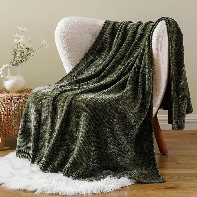 Olive Green Chenille Throw Blanket for Couch, Cozy Knit Throw Blanket 51x67 | Shiny Chenille Blanket, Super Soft Dark Green Blankets Knitted Blankets for Bed Sofa Home Decor
