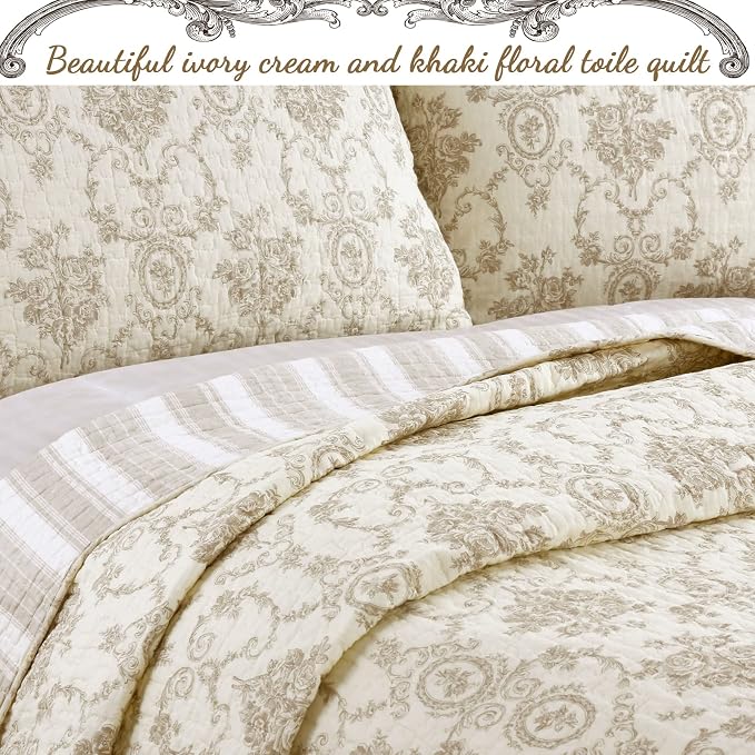 Cozy Line Home Fashions French Medallion 100% Cotton Bedding Quilt Set, Beige Ivory Rose Flower Reversible Coverlet Bedspread (Cream Eggnog, Queen -3 piece)