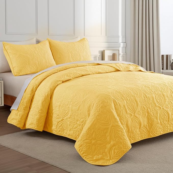 Whale Flotilla Twin Quilt Bedding Set Vintage Damask Reversible Bedspread | Suitable for Bed, 2 Pieces Yellow Lightweight Breathable Quilts Twin Size, Ultrasonic Coverlet Bed Cover with 1 Pillow Sham