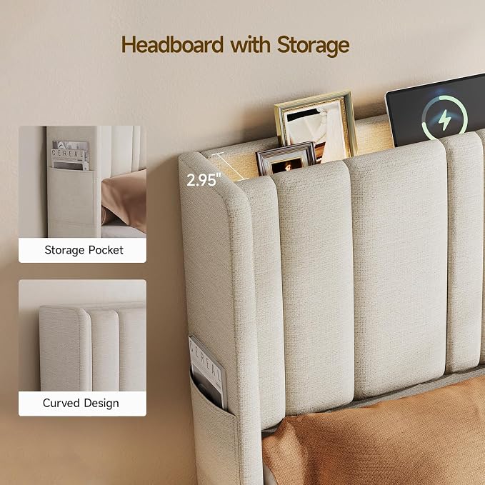 ONBRILL Queen Size Headboard with Storage, LED Light, Off White | Linen Vertical Wingback Headboard w/ Charging Station, Upholstered Head Board w/ High-Density Foam Padding, 2 Storage Pockets