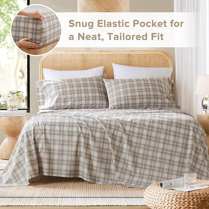 Comfort Spaces 100% Cotton Percale Sheets Full Size 4 Piece, Wesley Taupe | Crisp, Cool & Breathable Bed Sheets, 14" Deep Pocket Fits Up to 16" Mattress, Lightweight, All Season Cozy, with Pillow Case