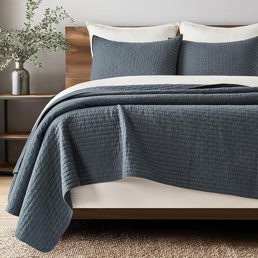100% Cotton Cross Stitch 3-Piece Quilt Set, Queen, Midnight Blue | Cross Stitch Cotton Quilt, Pre-Washed Bedding Set, Oversized Lightweight Bedspread Coverlet, for All Season, with 2 Shams