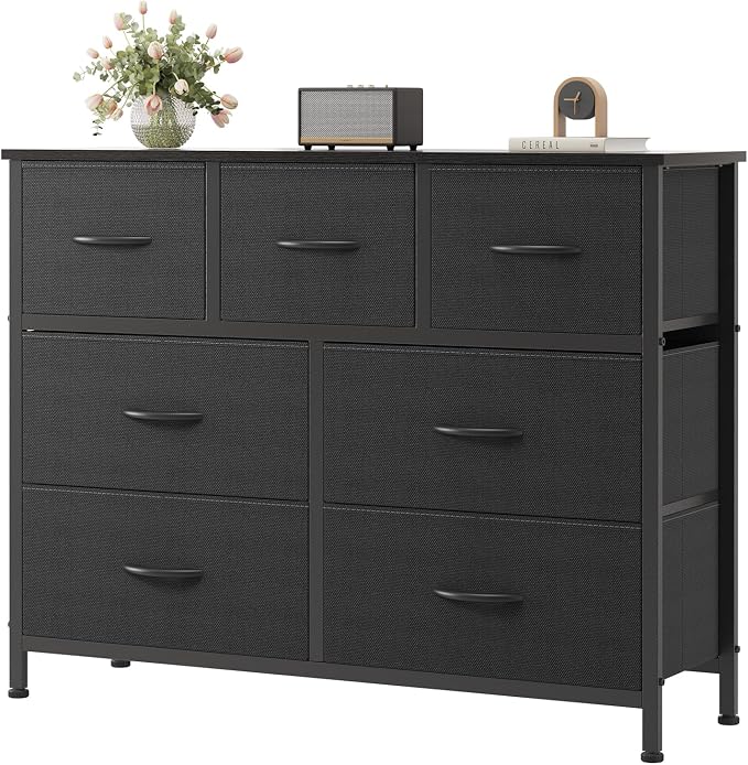 OLIXIS Black Dresser for Bedroom with 7 Fabric Drawers Storage Organizer | Wardrobe Closet for Clothes Storage, Steel Frame & Wooden Top, Cabinet Vertical Dresser for Living Room, Entryway Hallway