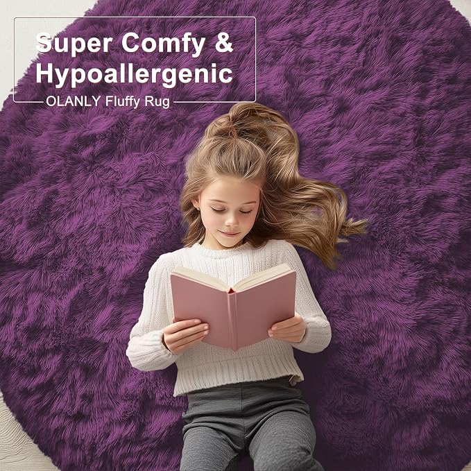 OLANLY Dark Purple Round Rugs for Bedroom - Machine Washable, 5 ft Circle Area Rugs for Living Room, Soft and Fluffy Shaggy Carpet for Teen Girl and Boys, Nursery Rooms, Dorms, Home Decor Aesthetic