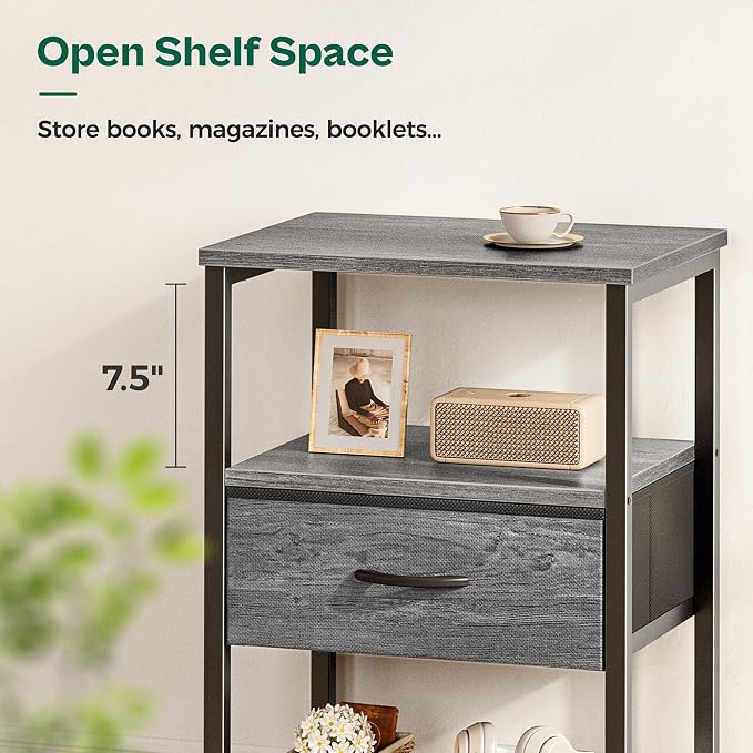 Huuger Nightstand Set of 2, Night Stand with Fabric Drawer, Mesh Shelf | Side Table with Storage, Fabric Drawer Dresser, Open Shelf, Metal Frame, Bedroom, Grey