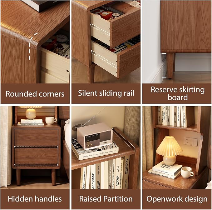 Solid Wood Bookshelf Nightstand Combo, Tall Nightstand with Bookshelf | Walnut Nightstand Bookshelf,Solid Wood Nightstand with Drawers,Open Shelf Bookcase,for Bedroom,Living Room,Offices