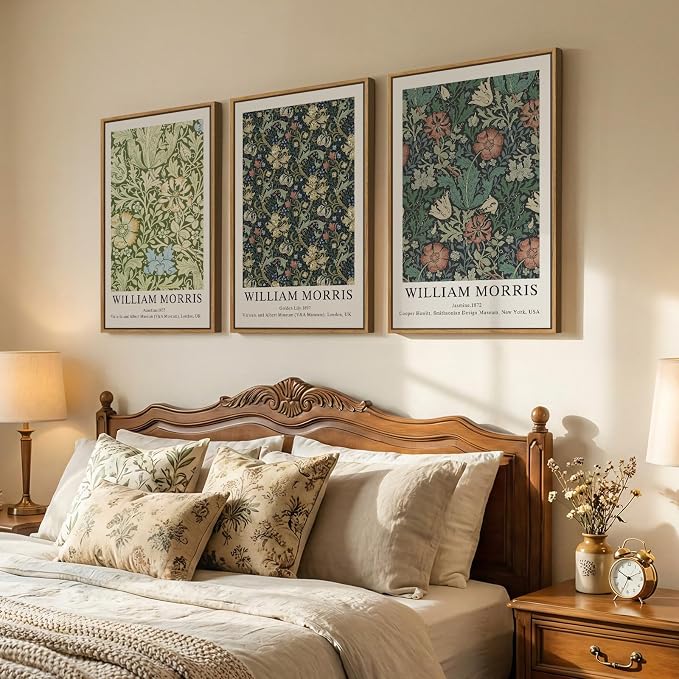 Large Framed Rustic Green William Morris Floral Wall Art, Set of 3 | Vintage, Canvas prints, Botanical artwork, 30x60 inch, Living room, Bedroom, Dining room, Hallway decor