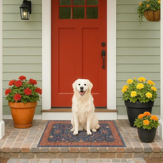 Washable 2x3 Entry Rug Front Door Indoor, Farmhouse Small Area Rugs for Kitchen, Bathroom, Entrance, Non Slip Rubber Backed, Perfect for Boho Décor (2x3 Navy Blue)