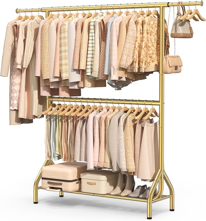 EAGMAK Double Rod Clothing Rack Load 622 LBS, Heavy Duty Clothes Rack for Hanging Clothes, 82.68 inch High Garment Rack with Sotrage Shelves, Metal Clothing Hanger Closet Wardrobe Organizer (Gold)
