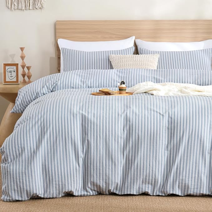 TOCOMOA Blue Striped Duvet Cover Set 100% Washed Cotton Like Linen, King | Linen-Like Feel Soft, Breathable & Comfy for All Season. Lightweight Bedding Set with Zipper & 8 Ties. 3 Pcs, No Insert