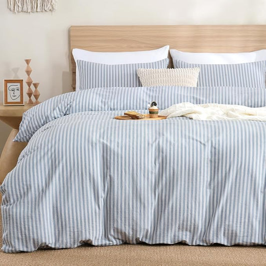 TOCOMOA Blue Striped Duvet Cover Set 100% Washed Cotton Like Linen, King | Linen-Like Feel Soft, Breathable & Comfy for All Season. Lightweight Bedding Set with Zipper & 8 Ties. 3 Pcs, No Insert