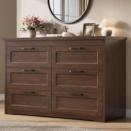 Jocoevol Brown 6 Drawer Dresser for Bedroom, 47.2" Modern Chest of Drawers | Wooden Storage Dresser with Mental Handle, Large Double Dresser with 5.9" Deep Drawers for Living Room, Hallway Entryway