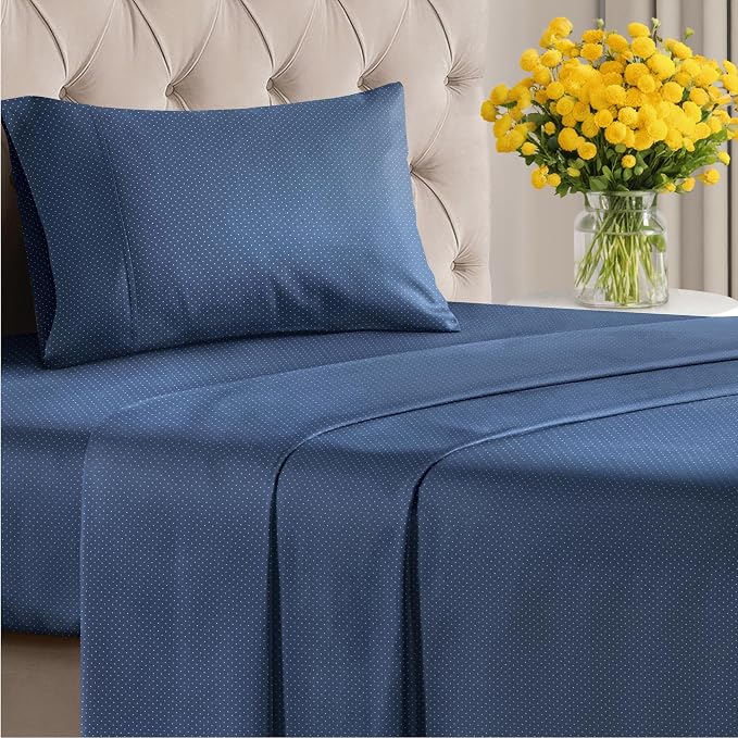 Twin 3 Piece Striped Sheet Set - Breathable & Cooling - Navy Microdots | 1 Flat, 1 Fitted & 1 Pillowcase w/ Deep Pockets, Luxury Striped Bedding, Soft, Breathable & Cooling, Wrinkle & Fade Free