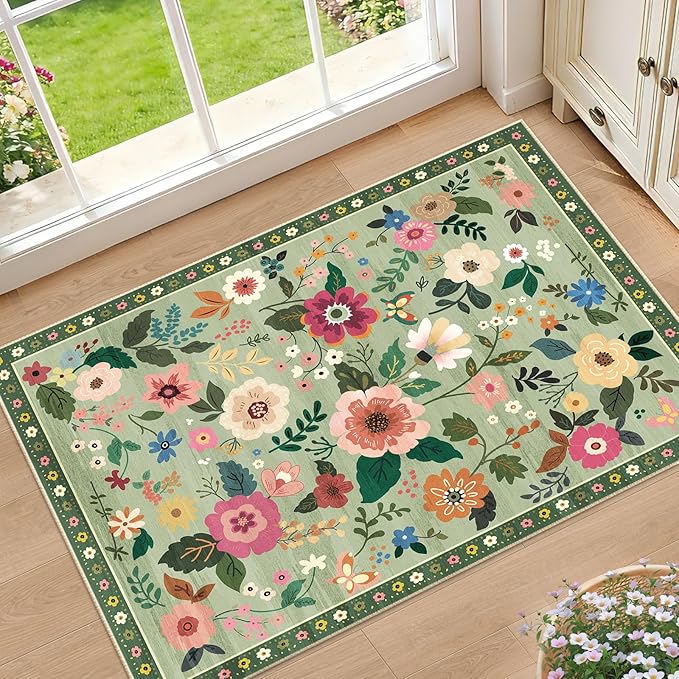 RELEANY Floral Washable 2x3 Area Rugs Doormat LightGreen | Flower Carpet, Print, Boho, Non-Slip, Easy to Clean, Soft, Low Pile for Living Room Bedroom Kitchen Office Entryway Hallway