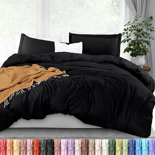 Duvet Cover Full, 3 Piece Cotton Like Polyester With Zipper Closure, Black | Extra Soft and Breathable, Wrinkle & Fade Resistant, Includes Duvet Cover and 2 Pillow Shams, Comforter Not Included, OekoTex