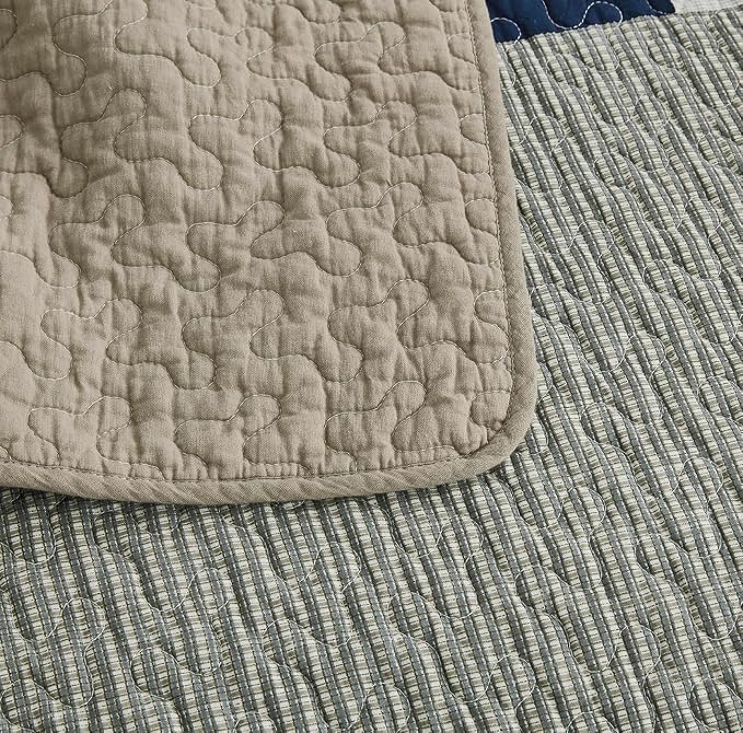 Chezmoi Collection Addy 3-Piece Navy Blue White Gray Taupe Plaid Patchwork Quilt Set - Pre-Washed Cotton Quiltd Lightweight Reversible Bedspread for All Seasons, Oversized King Size