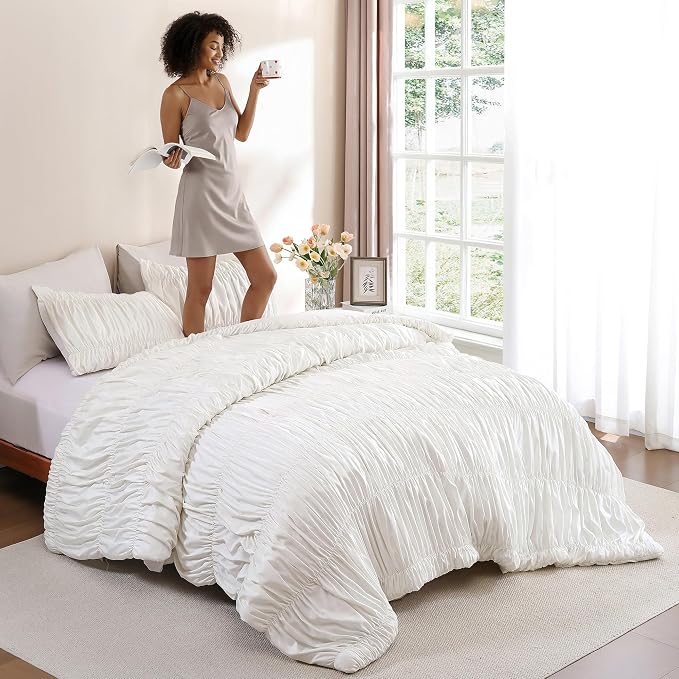 weigelia Cream Ruched Comforter Set Queen Size, Cute Girls Bedding Set | All Season, Soft Microfiber Comforter, Cozy Cinched Design for Home & Bedroom Decor (1 Comforter,2 Pillowcases)