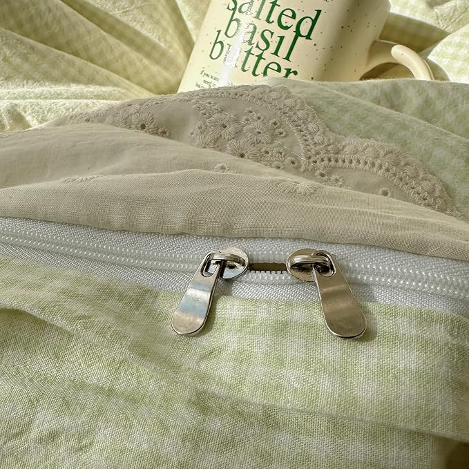 mixinni Green Gingham Duvet Cover Full Size - 3 Piece Cottagecore Plaid Bedding Set with Lace Trim, Soft Washed Microfiber Vintage Aesthetic Grid Comforter Cover & Pillow Shams, (Green White Gingham)