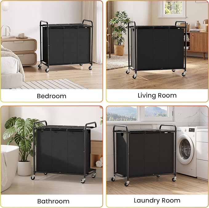 180L Laundry Sorter 3 Section, Rolling Laundry Basket with Wheels and Lid | 47.55 Gal Laundry Hamper, 3 Separated Removable Bags, Lockable Wheels, Dirty Clothes Hamper for Laundry Room Organizer, Black