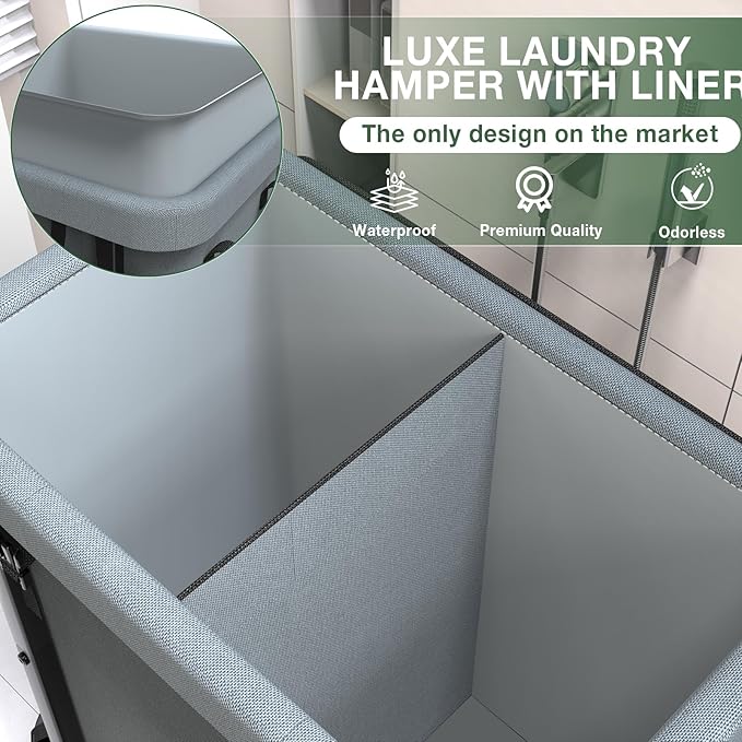 Laundry Basket with Lid,190L Rolling Laundry Hamper with Wheels,Grey | Dirty Clothes Hamper with Metal Frame and Removable Bag Design, Suitable for Laundry Room, Bedroom(2 Section)