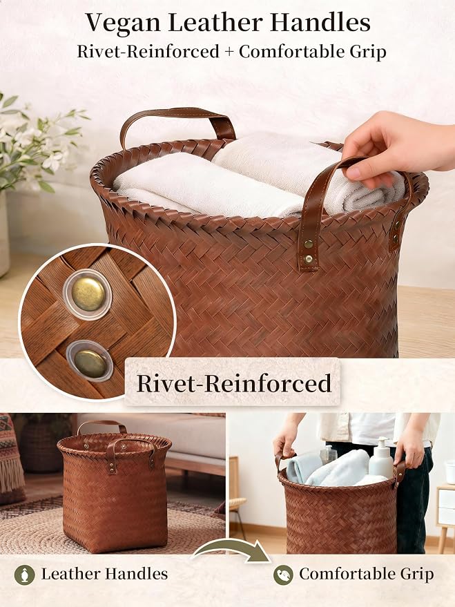 Wicker Storage Baskets, 4 Pack Woven Baskets for Shelves, Brown | PP Rattan, Water-resistant Wicker Basket, Large Baskets with Faux Leather Handles for Blanket, Laundry Organizer, Room Decor