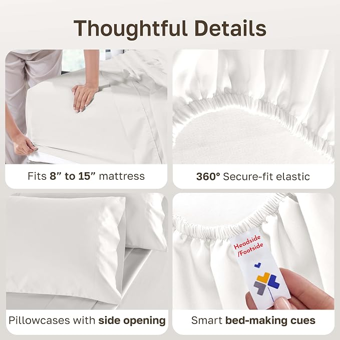 California Design Den 100% Cotton Sateen Split King Sheet Set, 5 Pcs Set | 500 Thread Count with Good Housekeeping Seal, Split King Sheets Sets for Adj. Bed with 2 Sep. Twin-XL Mattresses - True Ivory
