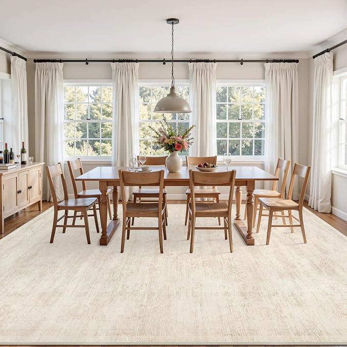 Area Rugs 9x12 Living Room: Bedroom Washable Carpet Retro Beige | Large Vintage Boho Indoor Decor Neutral Soft Nursery Farmhouse Dining Room Office Floor Non-Slip Low Pile Under Table Rug