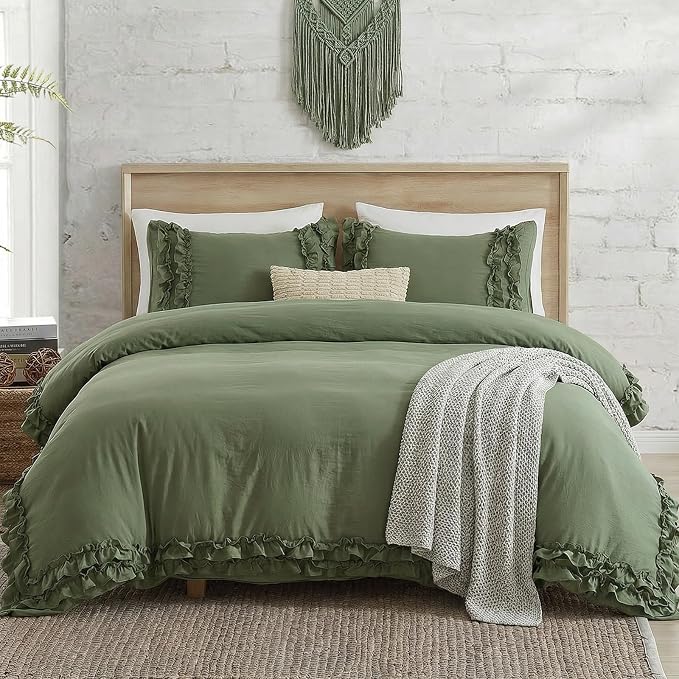 Avocado Green Duvet Cover Ruffled Bedding Set Pleated Ruffle Fringe Shabby Chic Bedding Twin Size Super Soft Cozy Boho Bedroom Bedding for All Season