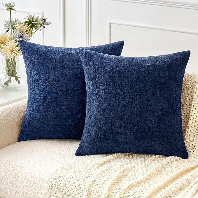 MIULEE Soft Chenille Euro Throw Pillow Covers Navy Blue 22x22 Pack of 2 | Modern Coastal Home Decor, Classic Decorative Pillows, Solid Dyed Cases, Boho Couch Cushion Covers for Sofa Bed Living Room