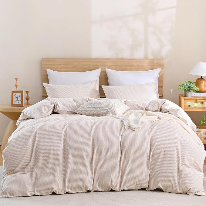 TOCOMOA Brown Striped Duvet Cover Set 100% Washed Cotton Like Linen, King | Linen-Like Feel Soft, Breathable & Comfy for All Season. Pinstriped Bedding Set with Zipper & 8 Ties. 3 Pcs, No Insert