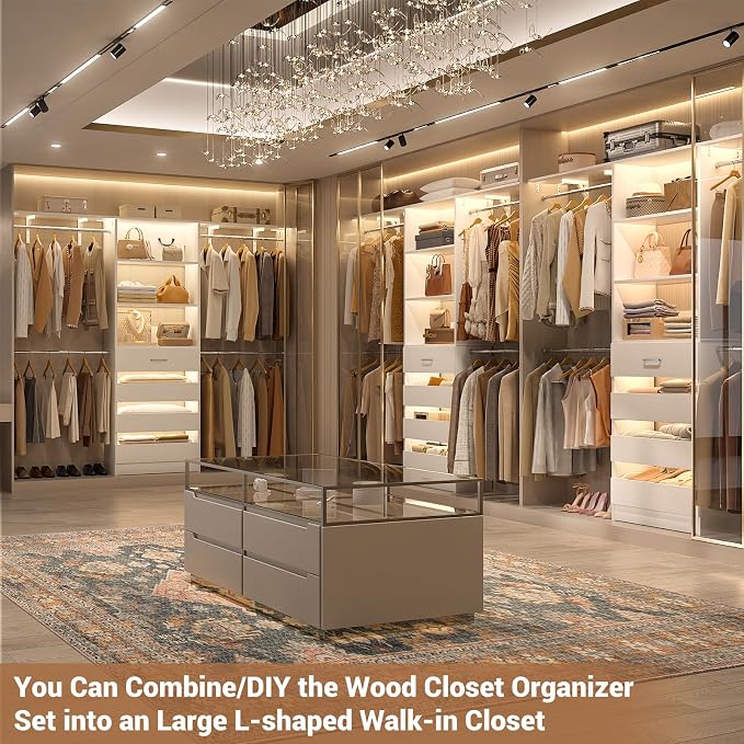 Aheaplus Closet System with 4 Drawers, 8FT Wood Closet Organizer System | 96" Closets Built In System Tower with Shelves, Walk-in Closets Wardrobe Clothes Garment Rack, Fits Spaces 4-9 ft, White