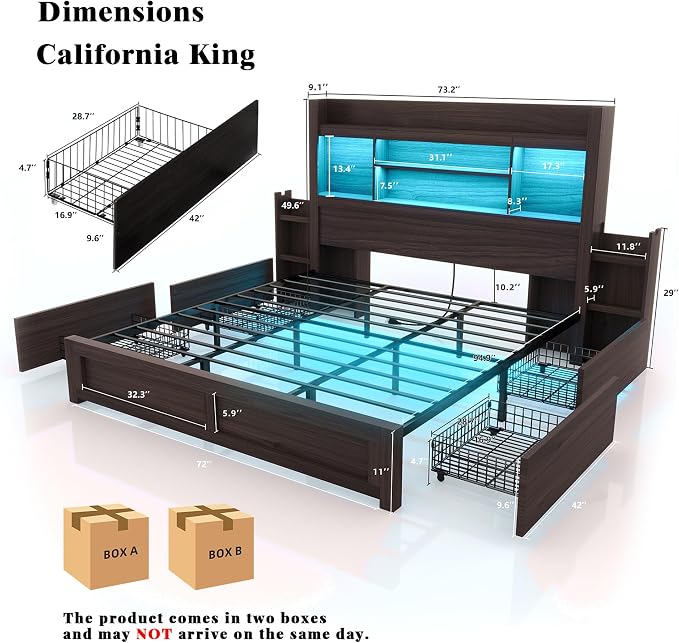 LUXOAK California King Bed Frame with Storage, Bookcase Headboard,Black | 49.6" Headboard, Wood Platform Bed, Charging Station, Bedside Storage, 4 Storage Drawers, No Box Spring Needed, Farmhouse