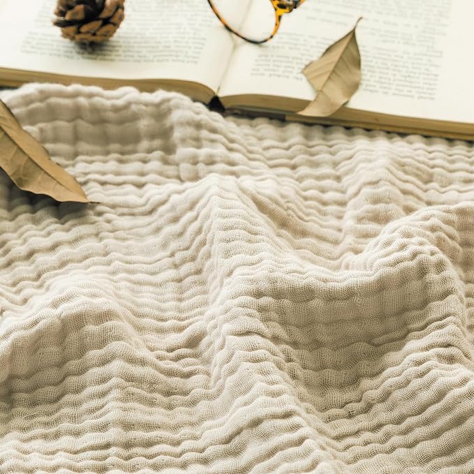 EMME Muslin Blankets for Adults Throw Blanket for Couch Breathable Gauze Soft Lightweight Airy Beige Twin XL 66" x 90"