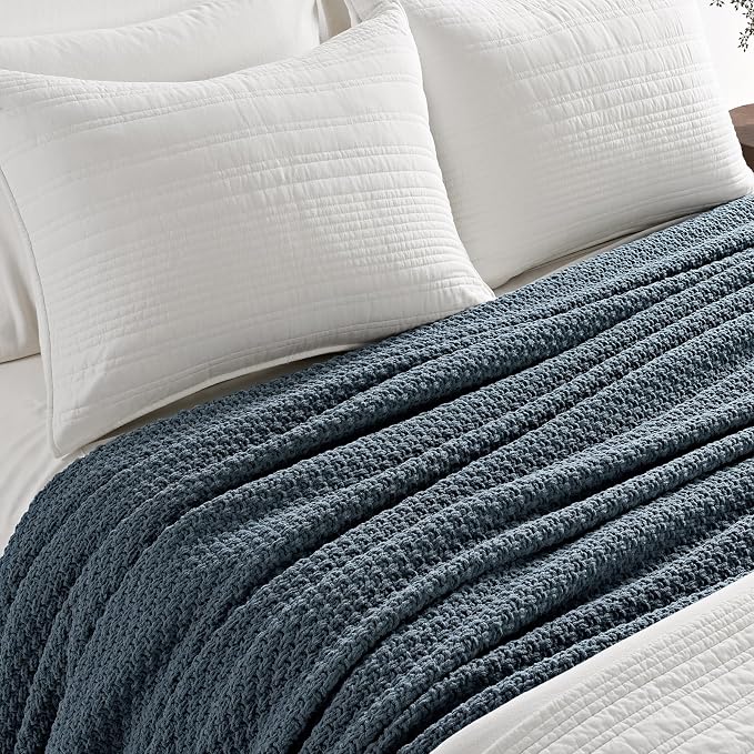 EVERGRACEHOME Chunky Chenille Knit Throw Blanket, 108x92, Stormy Blue | Sculpted Moss Stitch, Chic Modern Farmhouse, All-Season Warmth, OEKO-TEX® Certified, Oversized King for Couch, Bed, Sofa