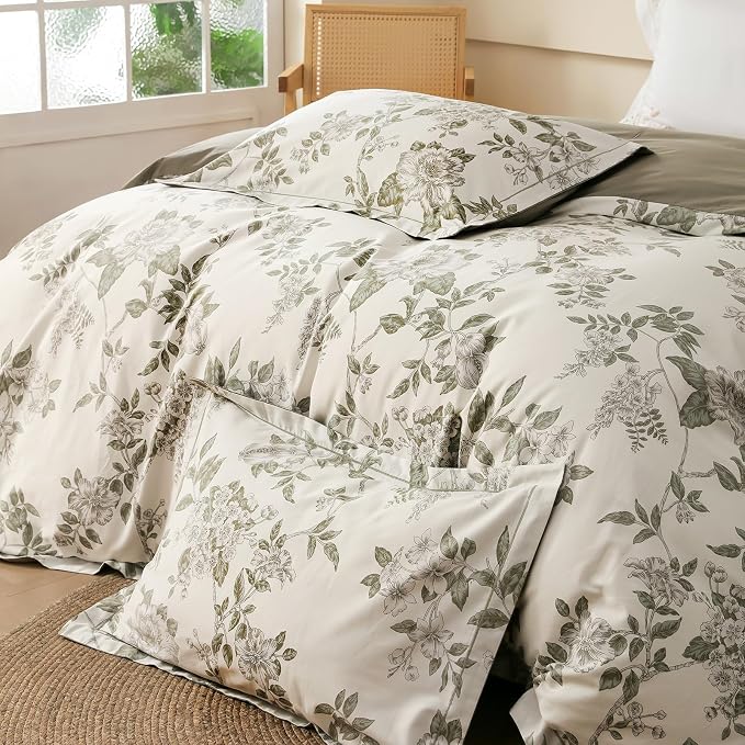 OAITE Queen Duvet Cover Set 3pcs 100% Cotton 600 Thread Count with Floral | Luxury Soft, Breathable,Long Staple Cotton,Hidden Zipper,8 Corner Ties,Easy Care for All Season