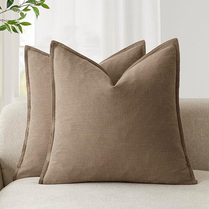 Foindtower Linen Solid Decorative Throw Pillow Covers 16x16 Cocoa Brown | Pack of 2 Boho Farmhouse Morden Pillowcase,Accent Neutral Cushion Covers,Home Decor for Chair Couch Sofa Bedroom Living Room