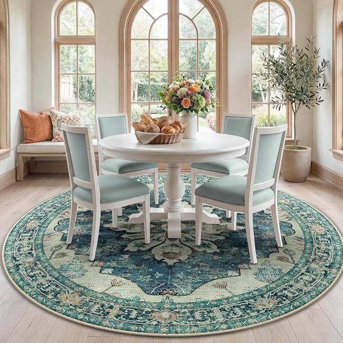 RELEANY Washable Area Rug, Round 7ft, Blue/Vintage Dark Blue | Non-Slip, Water Repellent, Pet Friendly, Easy to Clean, Vintage Floral Boho Decor for Living Room Bedroom Dining Room