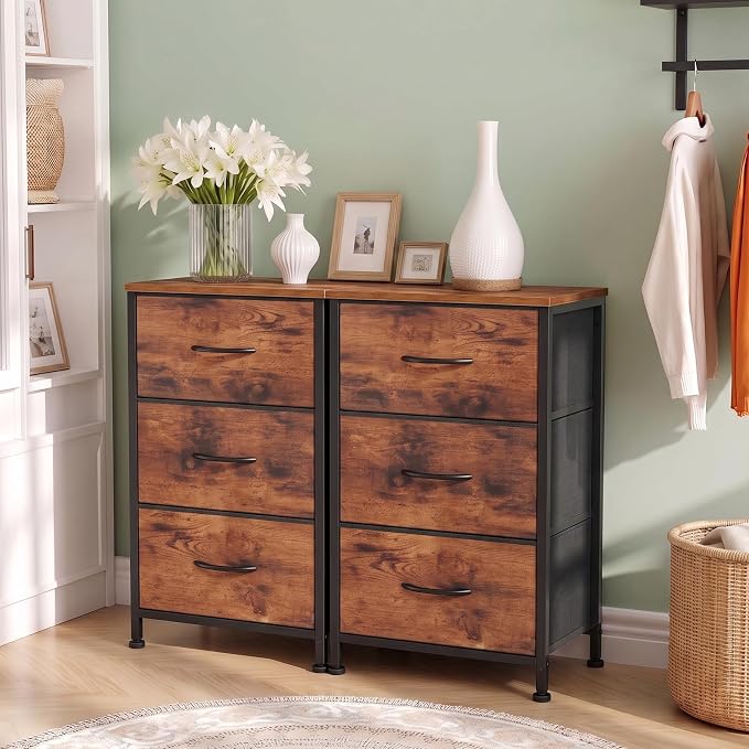 3 Drawers Dresser for Bedroom Fabric Storage Tower with Wooden Top | Steel Frame Chest of Drawers for Closet Entryway Dorm and Small Spaces, Brown