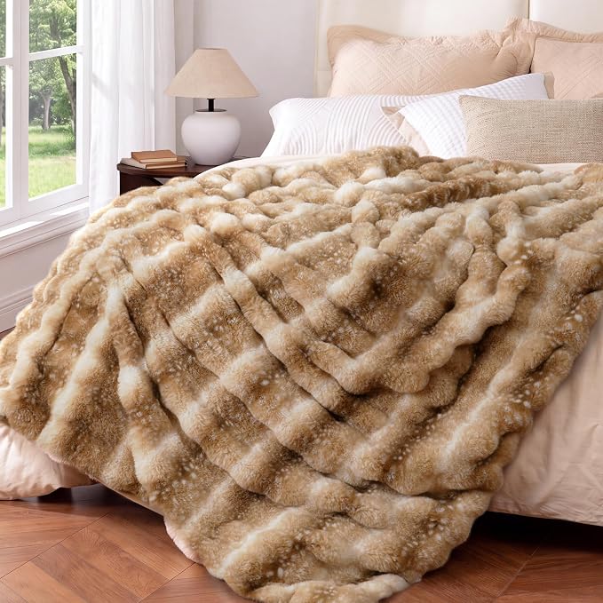 Ultra Soft Cozy Faux Fur Throw Blanket, Fuzzy Plush Thick Bubble Blanket, Oversize Luxury Fluffy Blanket for Couch, Bed, Bedroom and Living Room, 60x80 Inches, Tie-Dye Camel