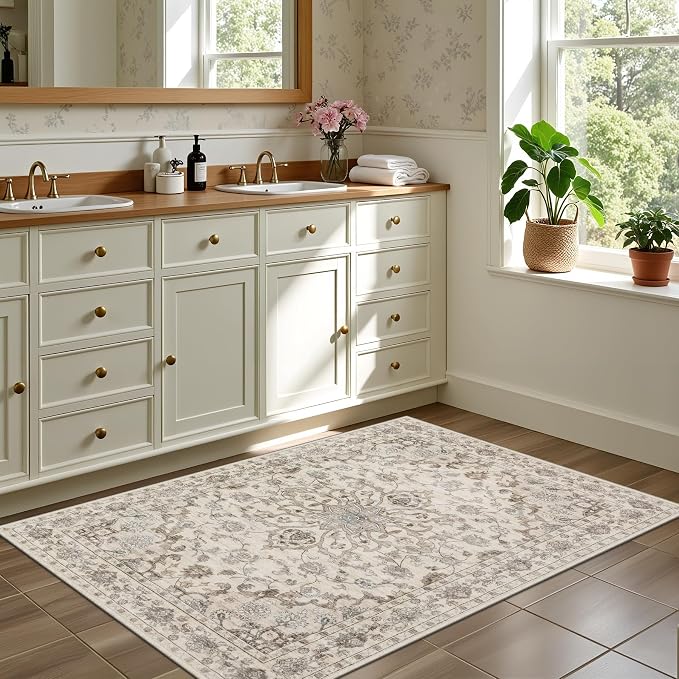 2x3 Area Rugs Living Room: Washable Rug for Bedroom Brown Beige | Boho No Slip Stain Resistant Rug Soft Indoor Decor Floor Floral 2x3 Area Rugs for Dining Room, Nursery, Hallway, Home Office