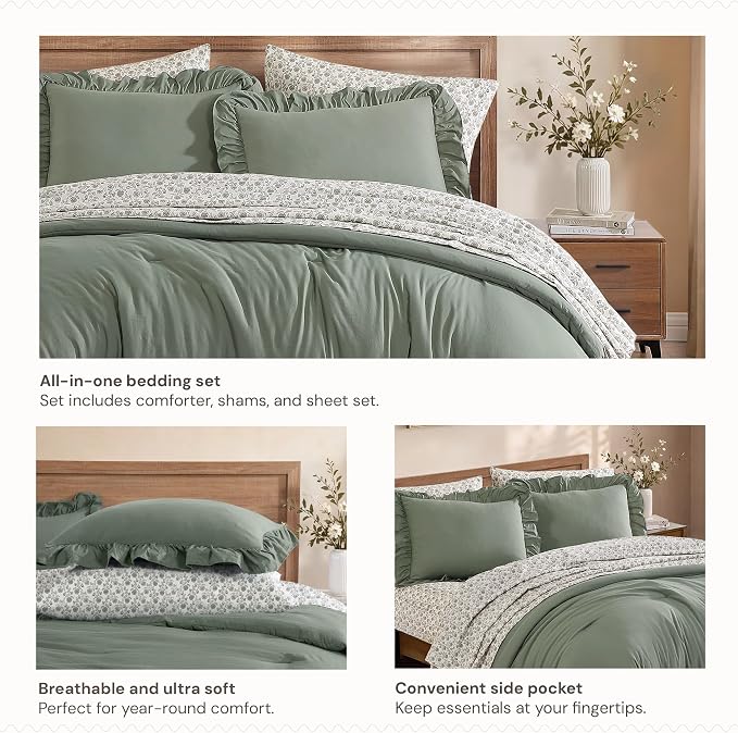 Queen Comforter Set-7 Pieces Ruffle Bedding with Floral Sheet | Green Floral Bed in a Bag, Soft Lightweight All Season Farmhouse Queen Bedding Sets with Floral Sheets, Pillowcases & Shams