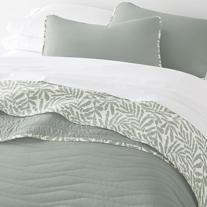 Merit Linens 3 Piece Quilt Set - Super Soft - Lightweight - All Season Quilted Coverlet - Floral Patterns - Full/Queen Eucalyptus